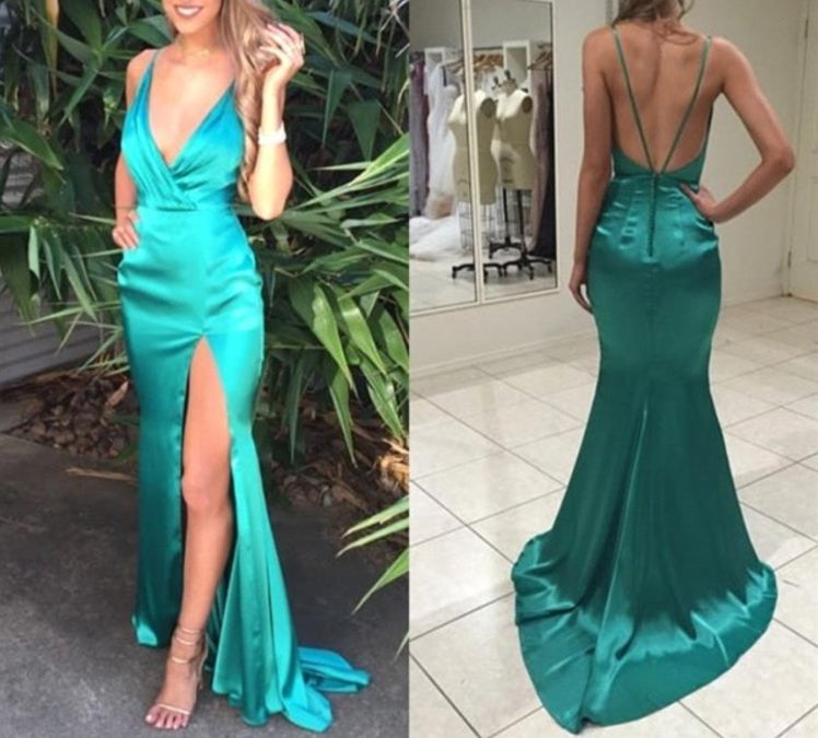 Green Satin Spaghetti Strap V Neck Mermaid Prom Dress With Split Front