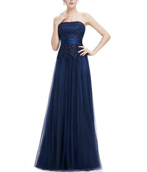 Navy Blue Tulle Prom Dress With Beaded Lace Applique