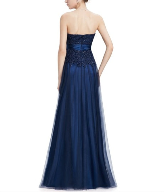 Navy Blue Tulle Prom Dress With Beaded Lace Applique