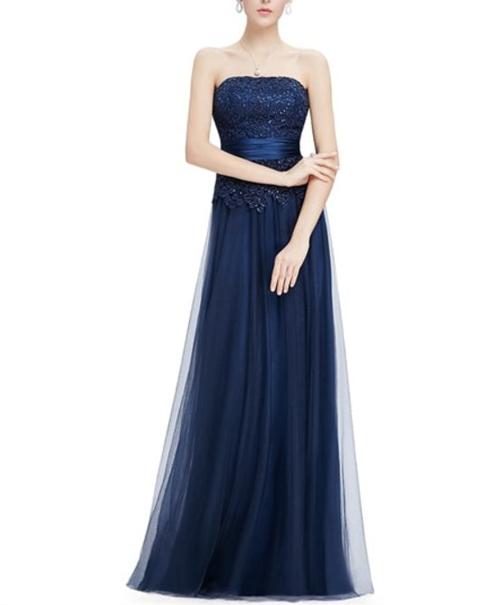 Navy Blue Tulle Prom Dress With Beaded Lace Applique