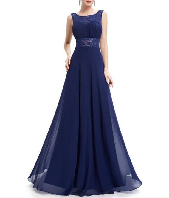 Navy Blue Open Back Chiffon Prom Dress With Lace Cut-Out Waist
