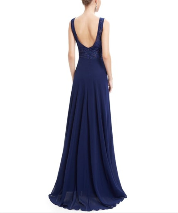 Navy Blue Open Back Chiffon Prom Dress With Lace Cut-Out Waist