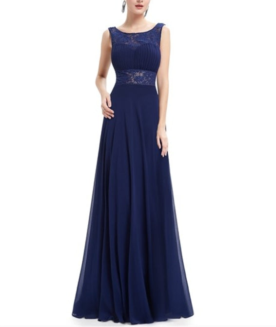 Navy Blue Open Back Chiffon Prom Dress With Lace Cut-Out Waist