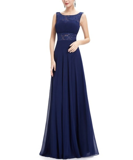 Navy Blue Open Back Chiffon Prom Dress With Lace Cut-Out Waist