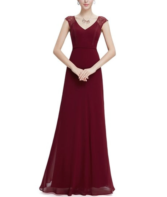 Burgundy A Line Chiffon Prom Dresses With Lace Cap Sleeves