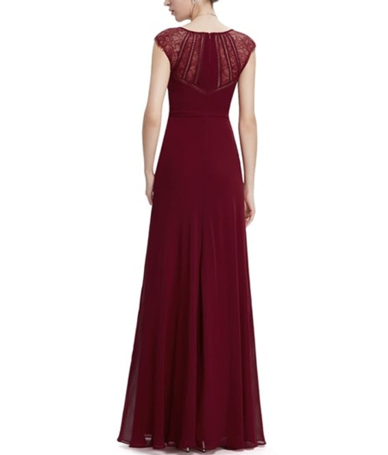 Burgundy A Line Chiffon Prom Dresses With Lace Cap Sleeves
