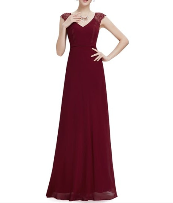 Burgundy A Line Chiffon Prom Dresses With Lace Cap Sleeves