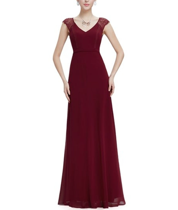 Burgundy A Line Chiffon Prom Dresses With Lace Cap Sleeves