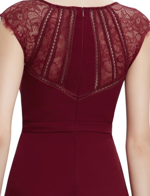 Burgundy A Line Chiffon Prom Dresses With Lace Cap Sleeves