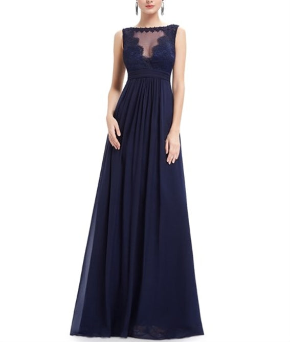 Navy Blue Illusion Neckline Chiffon Prom Dress With Lace Bodice