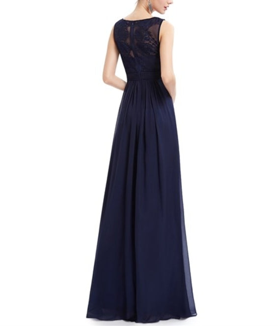 Navy Blue Illusion Neckline Chiffon Prom Dress With Lace Bodice