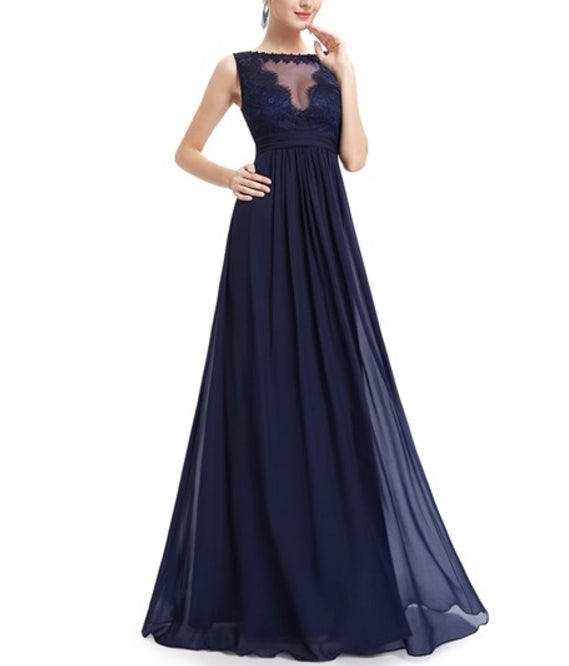 Navy Blue Illusion Neckline Chiffon Prom Dress With Lace Bodice