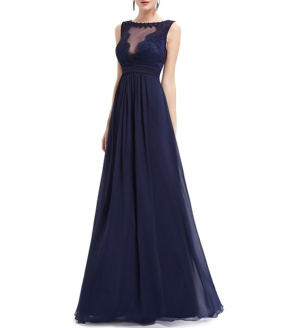 Navy Blue Illusion Neckline Chiffon Prom Dress With Lace Bodice