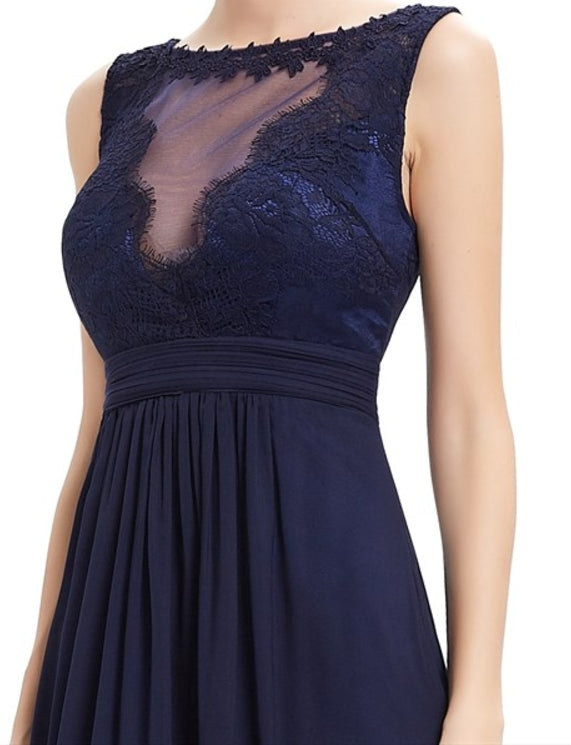 Navy Blue Illusion Neckline Chiffon Prom Dress With Lace Bodice