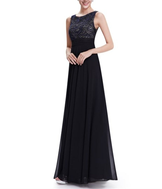 Elegant Black Chiffon A-Line Prom Dress With Embellished Bodice