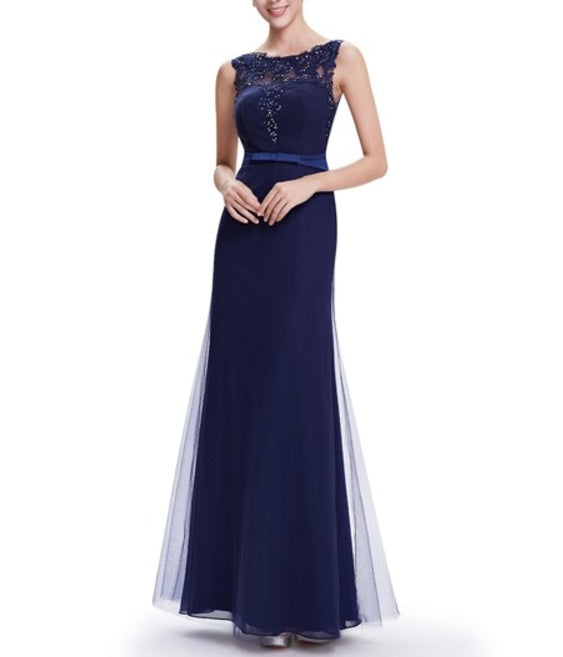 Navy Blue Sheath Floor Length Tulle Prom Dress With Beaded Lace Applique