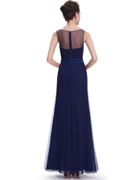 Navy Blue Sheath Floor Length Tulle Prom Dress With Beaded Lace Applique