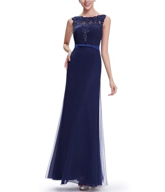 Navy Blue Sheath Floor Length Tulle Prom Dress With Beaded Lace Applique