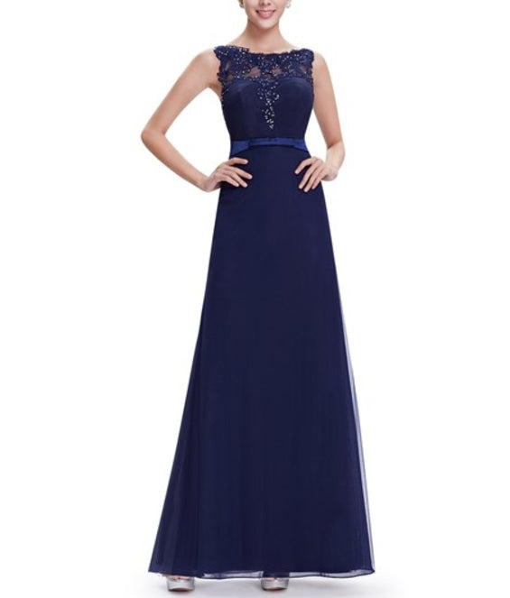 Navy Blue Sheath Floor Length Tulle Prom Dress With Beaded Lace Applique