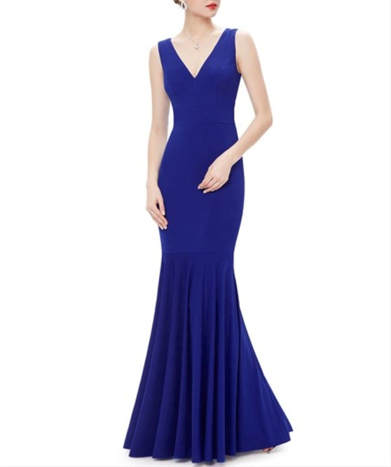 Elegant Royal Blue Mermaid V Neck Sleeveless Floor Length Prom Gown