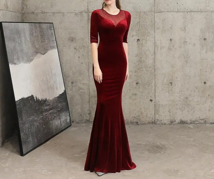 Green Red Flannel & Diamonds Transparent Mesh O Neck Half Sleeve Mermaid Formal Elegant Long Prom Dresses Womeny Night Club Dress