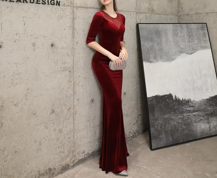 Green Red Flannel & Diamonds Transparent Mesh O Neck Half Sleeve Mermaid Formal Elegant Long Prom Dresses Womeny Night Club Dress