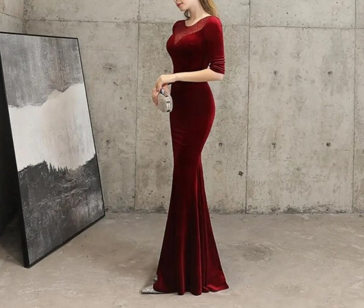 Green Red Flannel & Diamonds Transparent Mesh O Neck Half Sleeve Mermaid Formal Elegant Long Prom Dresses Womeny Night Club Dress