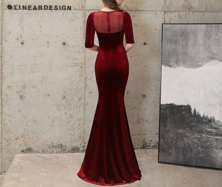 Green Red Flannel & Diamonds Transparent Mesh O Neck Half Sleeve Mermaid Formal Elegant Long Prom Dresses Womeny Night Club Dress