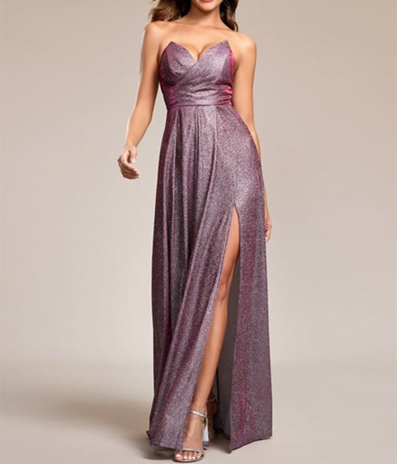 Metallic Rose Sparkling Maxi Prom Dress Pleated And Sultry