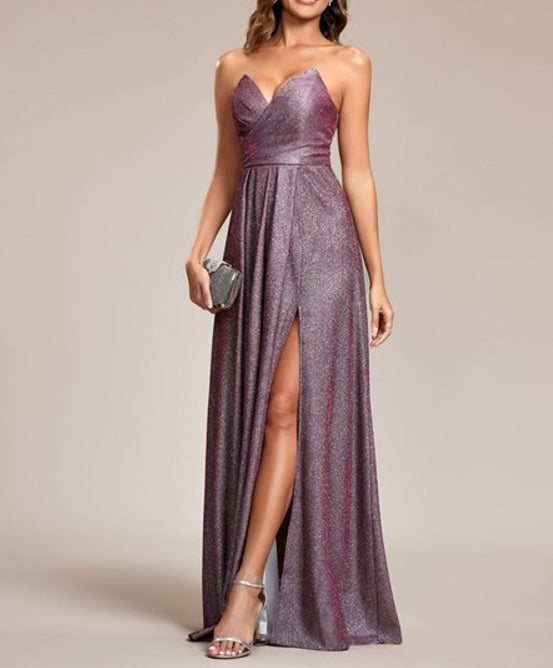 Metallic Rose Sparkling Maxi Prom Dress Pleated And Sultry