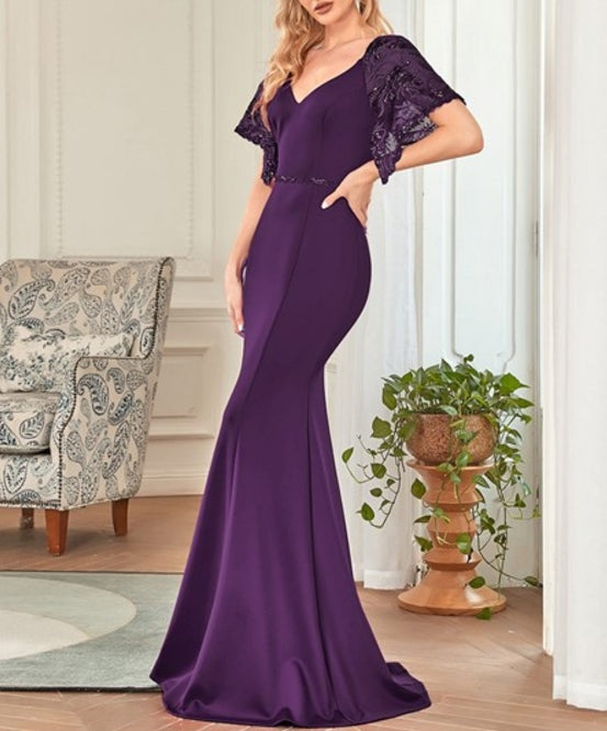 Dark Purple Maxi Deep V-Neck Prom Dress With Flowing Sleeves