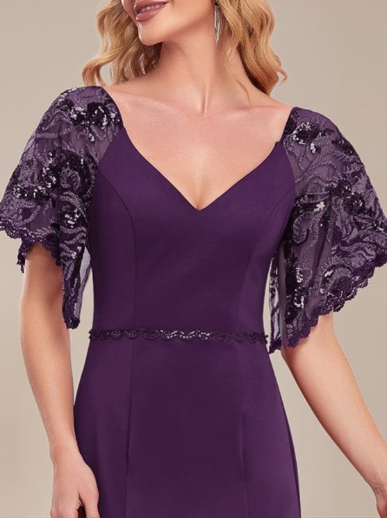 Dark Purple Maxi Deep V-Neck Prom Dress With Flowing Sleeves