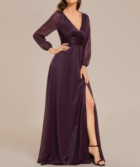 Dark Purple Sparkling Short Sleeved Deep V-Neck Prom Gown