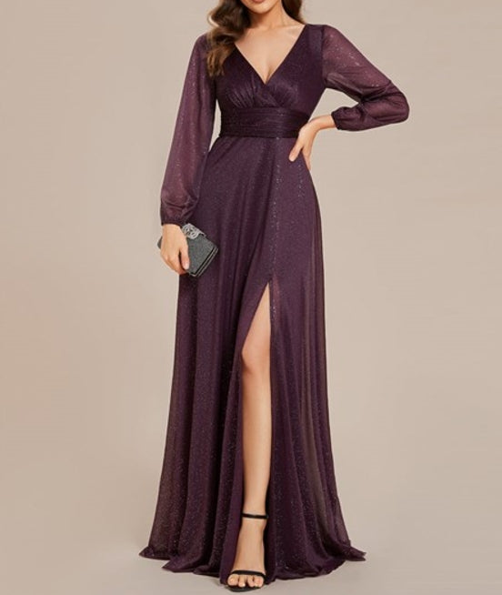 Dark Purple Sparkling Short Sleeved Deep V-Neck Prom Gown