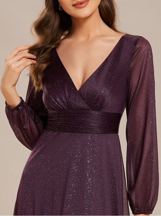 Dark Purple Sparkling Short Sleeved Deep V-Neck Prom Gown