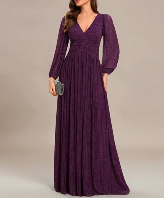 Purple Wisteria Maxi Chiffon V-Neck Long Sleeve Prom Gown