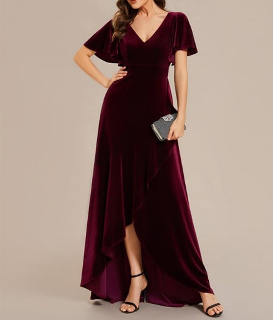 Burgundy Elegant Lotus Leaf Prom Dress With High Low Hem