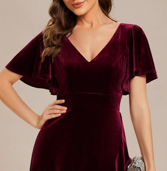 Burgundy Elegant Lotus Leaf Prom Dress With High Low Hem