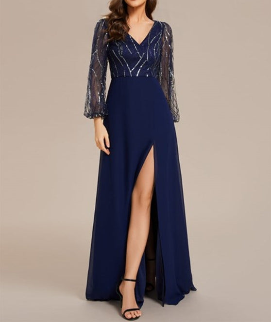 Navy Blue Maxi Sequinned Prom Gown With Long Sleeves