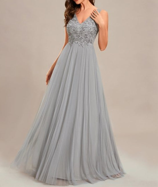 Grey Graceful Chiffon V-Neck A-Line Prom Gown