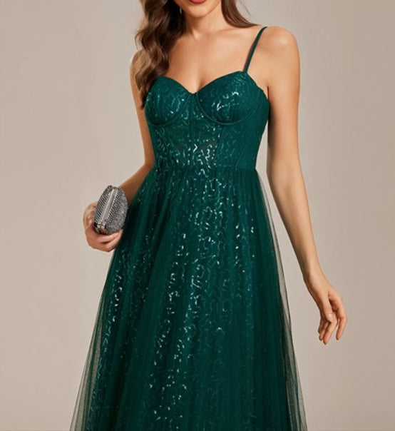 Dark Green Elegant Sequin Empire Waist Prom Gown