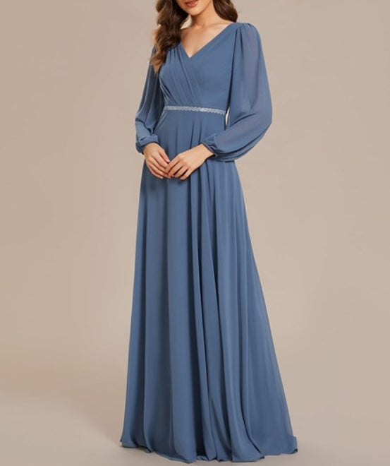 Dusty Navy Sheer Elegance Chiffon V-Neck Long Sleeve Guest Dress