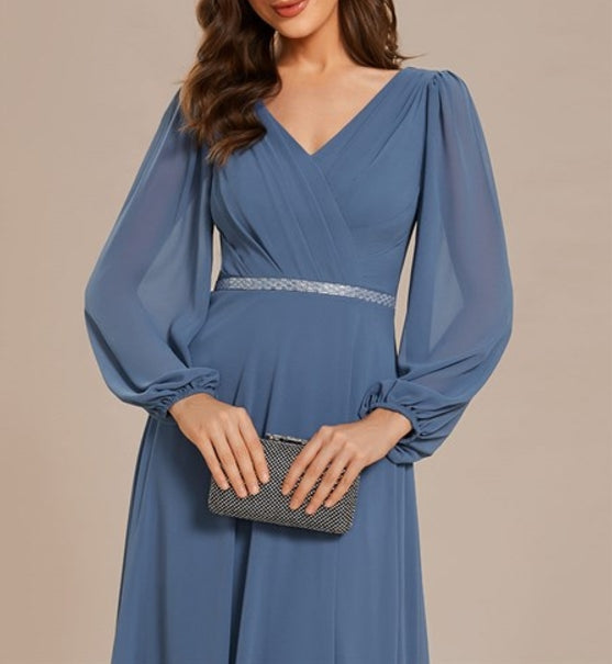 Dusty Navy Sheer Elegance Chiffon V-Neck Long Sleeve Guest Dress