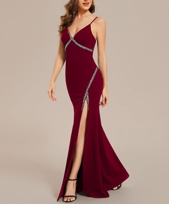 Burgundy Elegant V Neck Side-Split Fishtail Prom Gowns