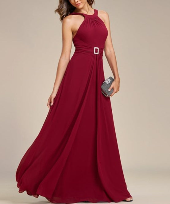 Burgundy Wholesale Chiffon Prom Dresses Backless Halter Neck Rhinestone