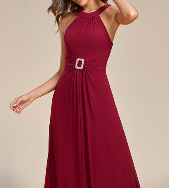 Burgundy Wholesale Chiffon Prom Dresses Backless Halter Neck Rhinestone