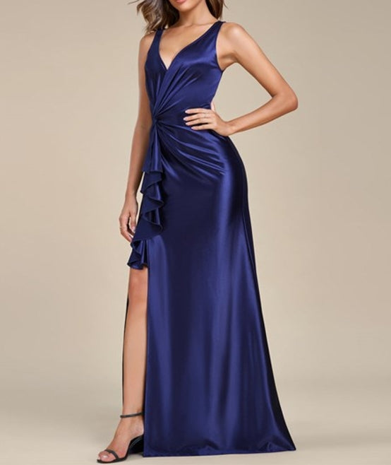 Navy Blue Prom Dresses Elegant V Neck Split Ruffles Wholesale Stain