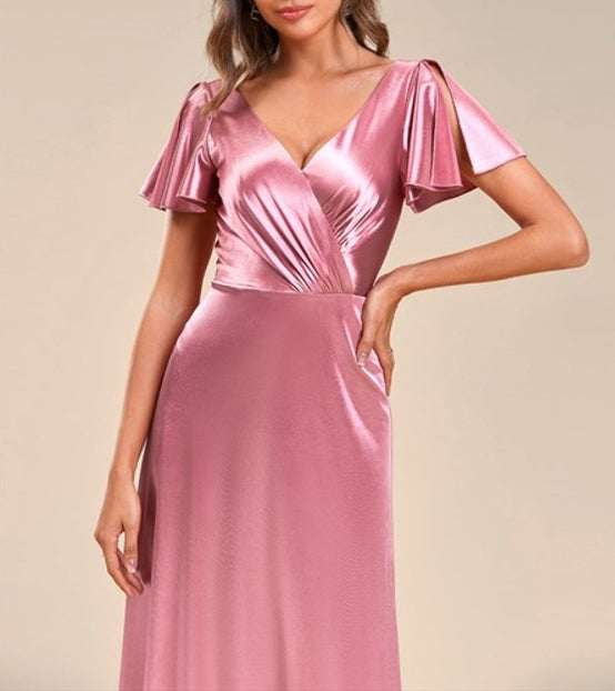 Orchid Prom Dresses V-Neck Fit A-Line Floor Longth Ruffles Sleeve Satin