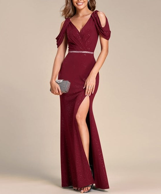 Burgundy Puff Sleeve V-Neck Fishtail Bodycon Chain Split Shiny Prom Dress