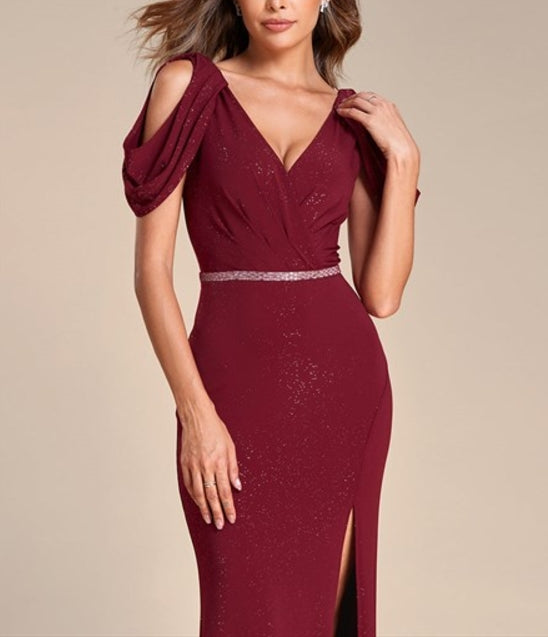 Burgundy Puff Sleeve V-Neck Fishtail Bodycon Chain Split Shiny Prom Dress
